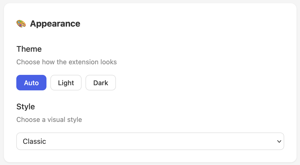 Appearance settings with Auto, Light, and Dark theme toggle and style dropdown