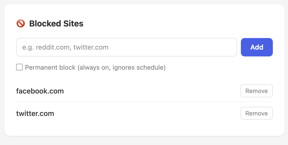 Blocked Sites panel showing a blocklist with facebook.com and twitter.com