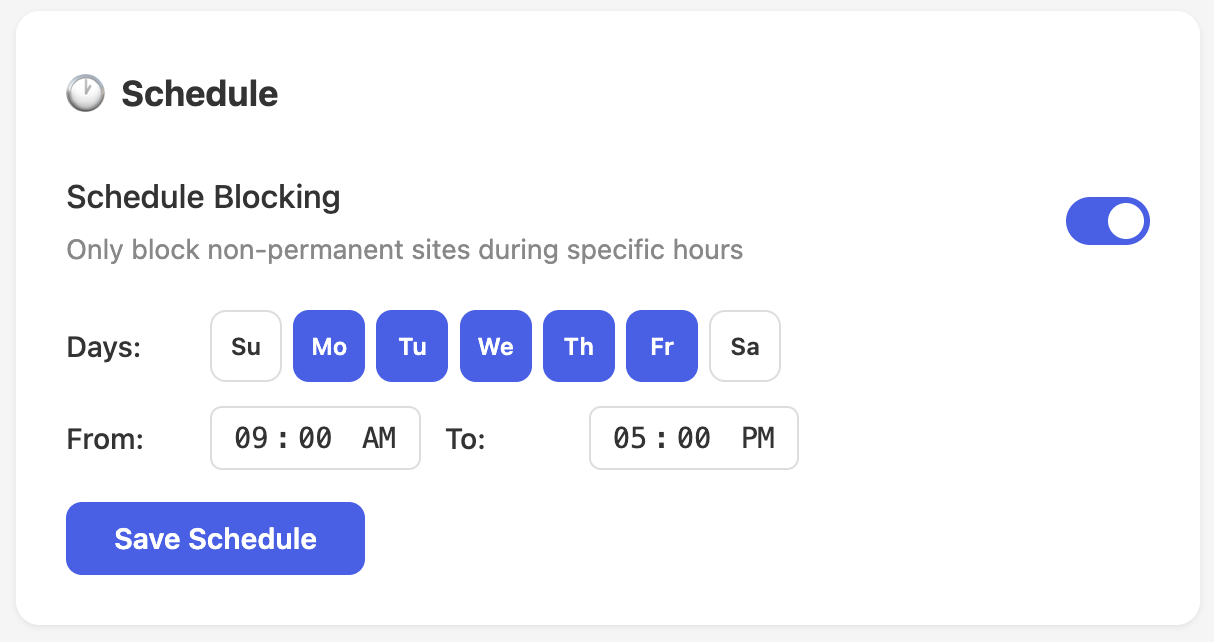 Schedule panel with weekday selection and 9 AM to 5 PM time range